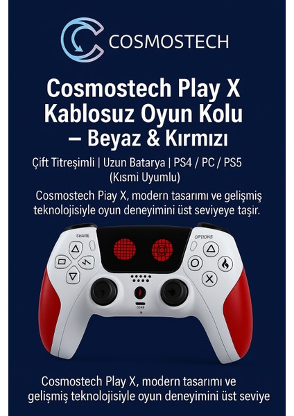 Play x Kablosuz Oyun Kolu Beyaz-Kırmızı Gamepad– Çift Titreşimli, Uzun Batarya Beyaz-Kırmızı, Ps4 / Pc / Ps5 ( Kısmı Uyumlu ) fiyatları