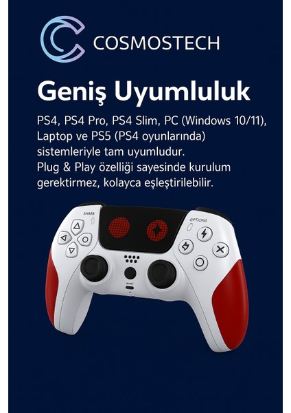 Play x Kablosuz Oyun Kolu Beyaz-Kırmızı Gamepad– Çift Titreşimli, Uzun Batarya Beyaz-Kırmızı, Ps4 / Pc / Ps5 ( Kısmı Uyumlu ) modelleri