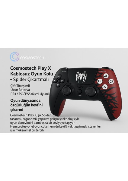 Play x Kablosuz Oyun Kolu Spider Desenli, Gamepad – Çift Titreşimli, Uzun Batarya Ps4 / Pc / Ps5 ( Kısmı Uyumlu ) modelleri