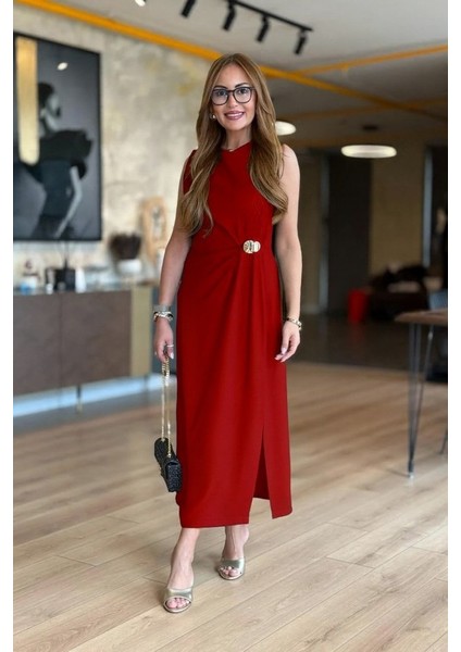 Kadın Sıfır Kollu Bisiklet Yaka Belden Büzgülü Yırtmaç Detaylı Janjan Krep Elbise