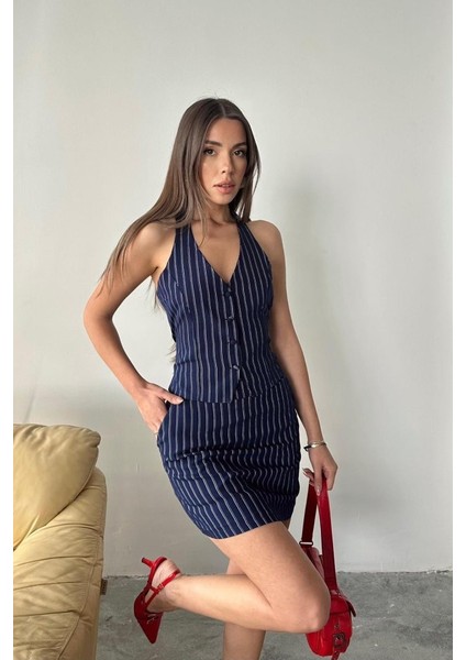 Lacivert Çizgili Yelek ve Etek Takım