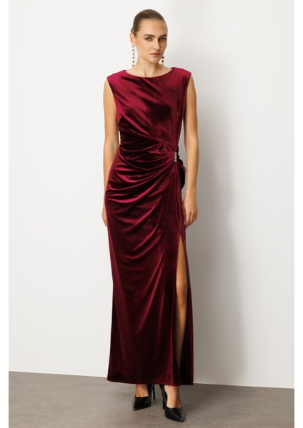 Kadın Beli Büzgülü Maxi Kadife Elbise 4141 Bordo