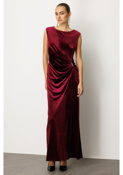 Kadın Beli Büzgülü Maxi Kadife Elbise 4141 Bordo fiyatları