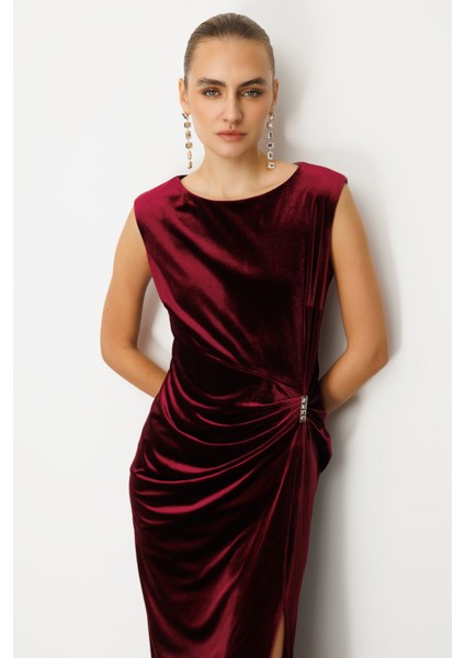 Kadın Beli Büzgülü Maxi Kadife Elbise 4141 Bordo modelleri