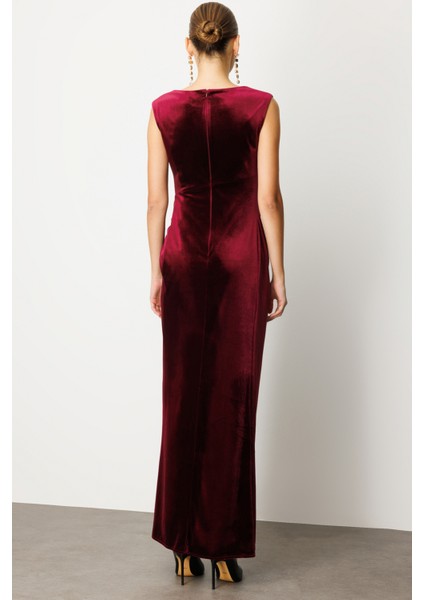 Kadın Beli Büzgülü Maxi Kadife Elbise 4141 Bordo fırsatları