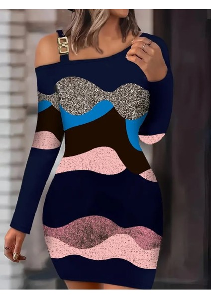 Kadın Uzun Kollu Tek Omuzu Askı Toka Detaylı Kısa Dalgıç Elbise