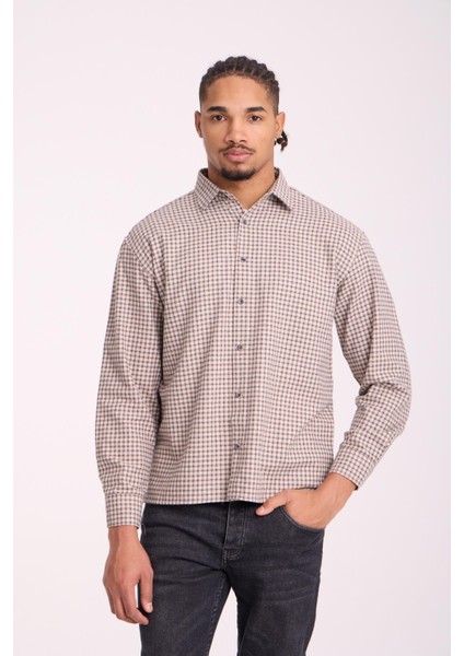 Jonas Ekose Küçük Kareli Relaxed Fit %100 Pamuklu Flanel Kumaş Erkek Gömlek - Bej fiyatları