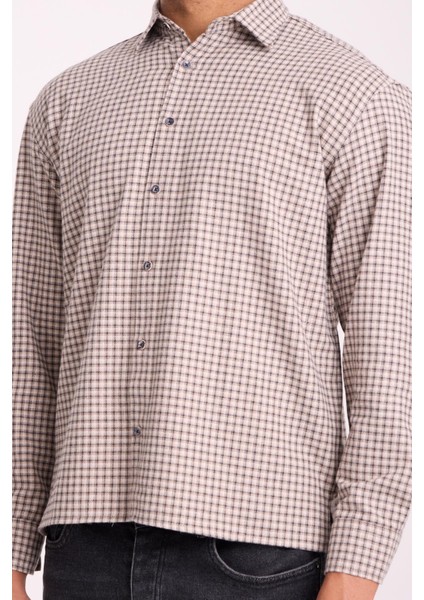 Jonas Ekose Küçük Kareli Relaxed Fit %100 Pamuklu Flanel Kumaş Erkek Gömlek - Bej modelleri