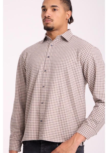Jonas Ekose Küçük Kareli Relaxed Fit %100 Pamuklu Flanel Kumaş Erkek Gömlek - Bej fırsatları