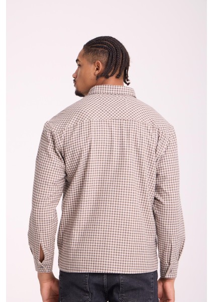 Jonas Ekose Küçük Kareli Relaxed Fit %100 Pamuklu Flanel Kumaş Erkek Gömlek - Bej indirimleri