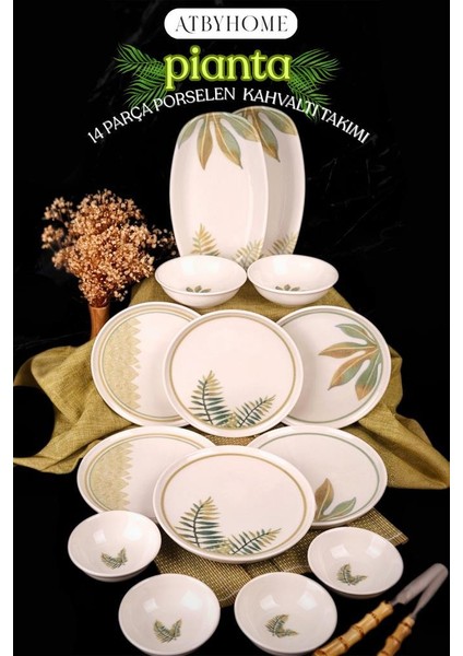 By Bambum Pianta 14 Parça Porselen Kahvaltı Takımı Kahvaltı Seti Kahvaltılık- Sunum Seti