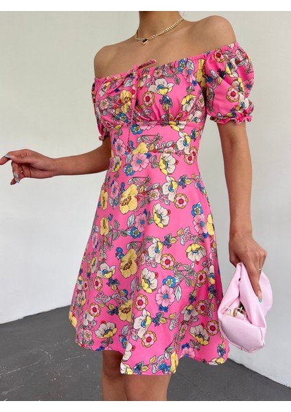 Yakası Lastikli Bağcık Detaylı Mini Elbise -Pembe