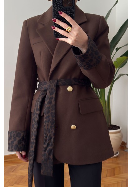 Oliselle Leopar Kemerli Kaşe Ceket- Kahverengi fırsatları