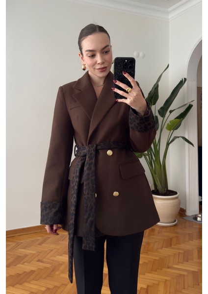 Oliselle Leopar Kemerli Kaşe Ceket- Kahverengi indirimleri