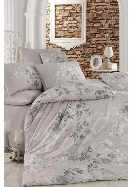 Çift Kişilik Nevresim Takımı Pamuklu Gümüş Çiçek