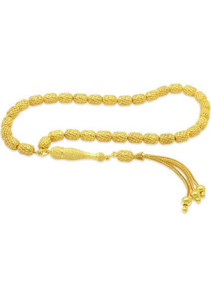 Üçlü Kamçı Püsküllü Telkari Tasarım Kapsül Kesim Altın Renk 925 Ayar Gümüş Tesbih