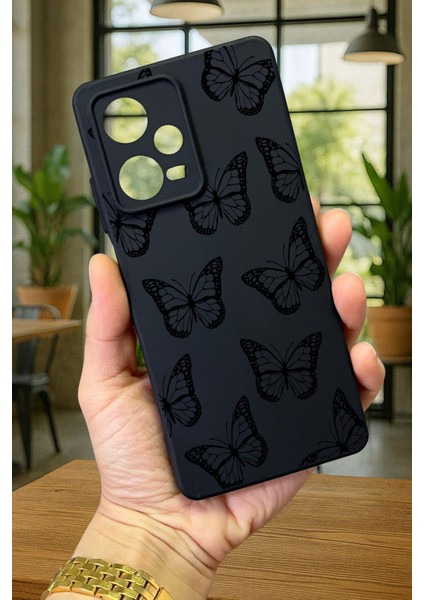 Redmi Note 12 Pro 5g Siyah Kelebek Desenli Silikon Darbe Emici Klasik Korumalı Rubber Kılıf