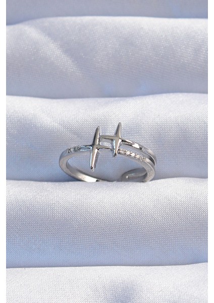 Pirinç Gümüş Renk Zirkon Taşlı 2li Görünüm Ayarlanabilir Yıldız Model Yüzük - Lisinya