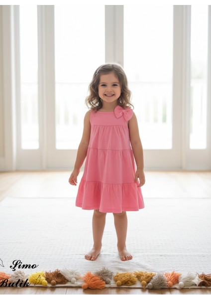 Kız Çocuk Penye Pamuklu Elbise Fiyonklu Pembe Somon