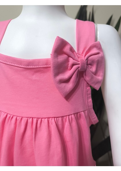 Kız Çocuk Penye Pamuklu Elbise Fiyonklu Pembe Somon