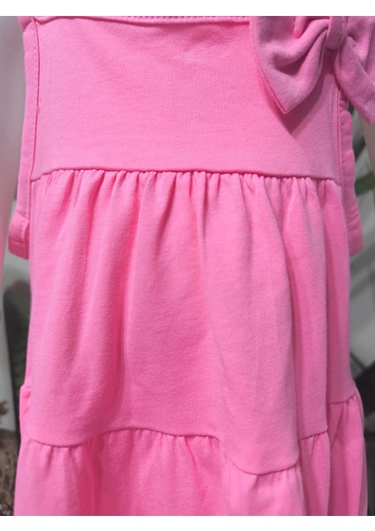 Kız Çocuk Penye Pamuklu Elbise Fiyonklu Pembe Somon