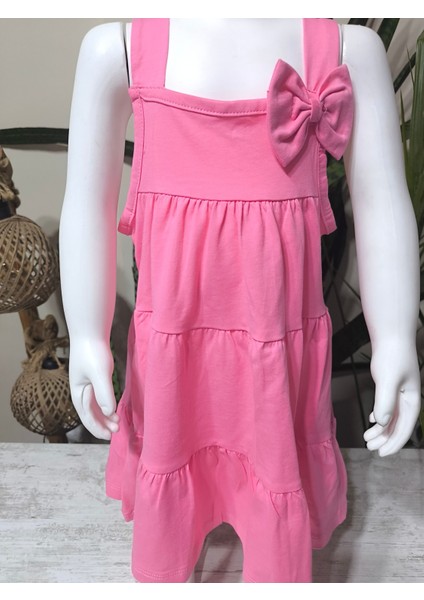 Kız Çocuk Penye Pamuklu Elbise Fiyonklu Pembe Somon