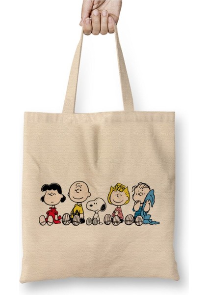 Snoopy And Friend Being Lazy Beyaz Bez Çanta Uzun Saplı Alışveriş Çantası Plaj Çantası