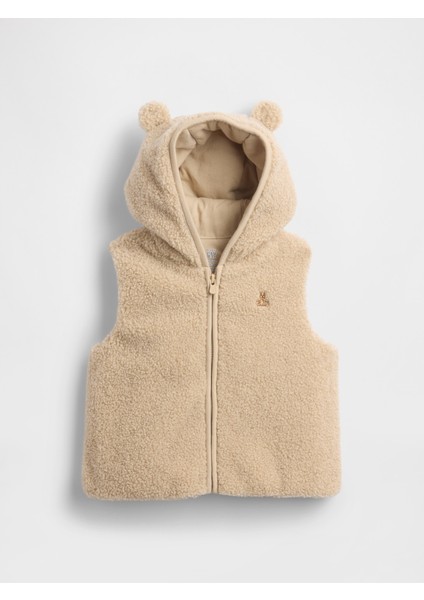 Bebek Bej Sherpa Kapüşonlu Yelek