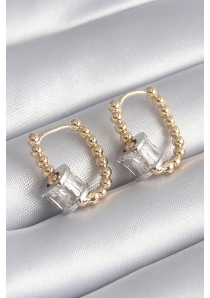 Pirinç Gold Renk Top Model Gümüş Renk Zirkon Taşlı Kadın Küpe - Lisinya