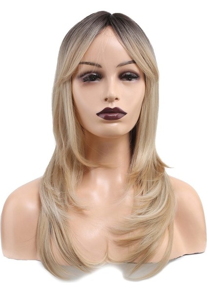 Katlı Kesim Perçemli Düz Fiber Sentetik Orta Boy Peruk / Kahve / Platin Ombre ve Röfleli fiyatları