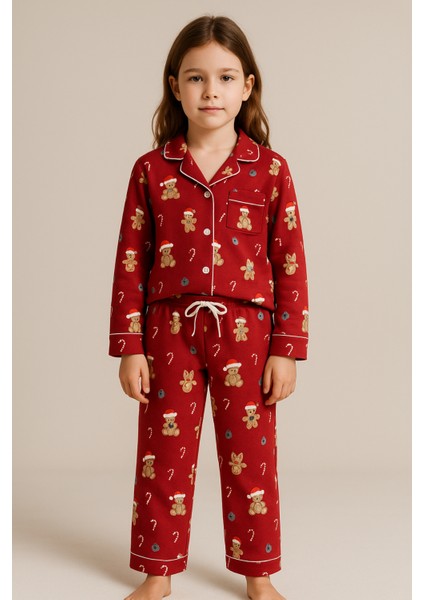 Kız Çocuk Teddy Desenli Yılbaşı Temalı Pijama Takımı Kırmızı fiyatları