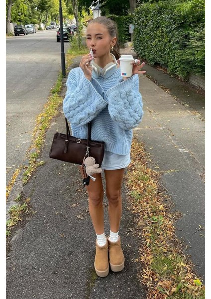 Bebe Mavisi Bisiklet Yaka Örgü Desen Kadın Triko Kazak MG2601 modelleri