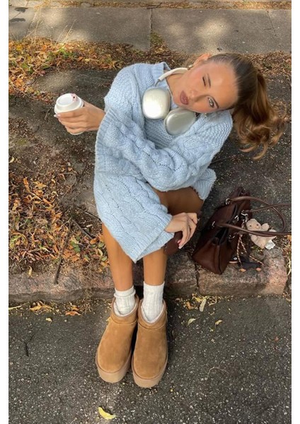 Bebe Mavisi Bisiklet Yaka Örgü Desen Kadın Triko Kazak MG2601 fırsatları