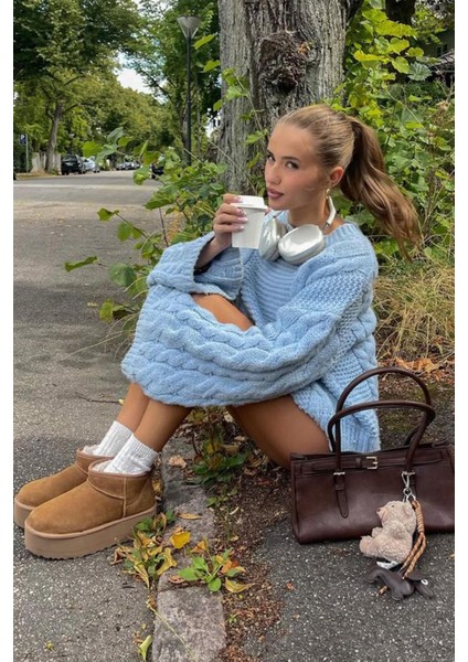 Bebe Mavisi Bisiklet Yaka Örgü Desen Kadın Triko Kazak MG2601 indirimleri