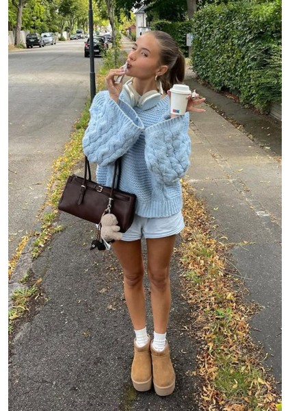 Bebe Mavisi Bisiklet Yaka Örgü Desen Kadın Triko Kazak MG2601