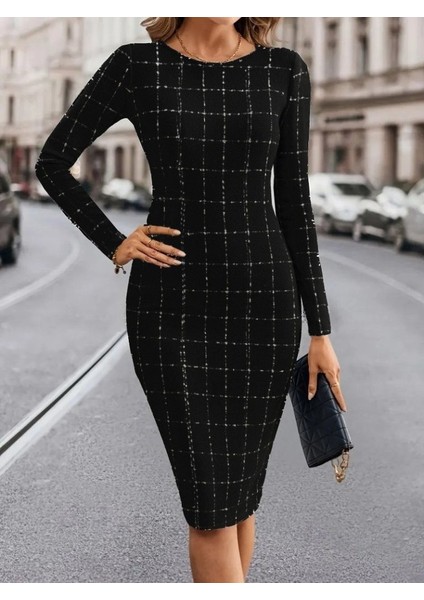 Kadın Uzun Kollu Yuvarlak Yaka Mini Dokuma Elbise modelleri