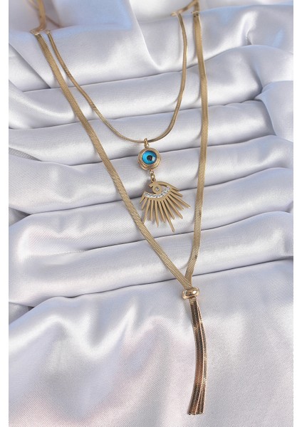 316L Çelik Gold Renk 2'li Zincir Italyan Zincir Göz Model Zirkon Taşlı Kadın Kolye - TJ-BKO9384