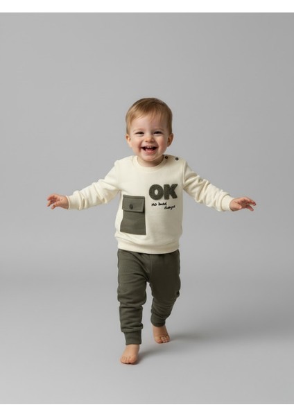 Pamuklu Iki Iplik Ok Baskılı Erkek Bebek Eşofman Takımı (Krem/haki)