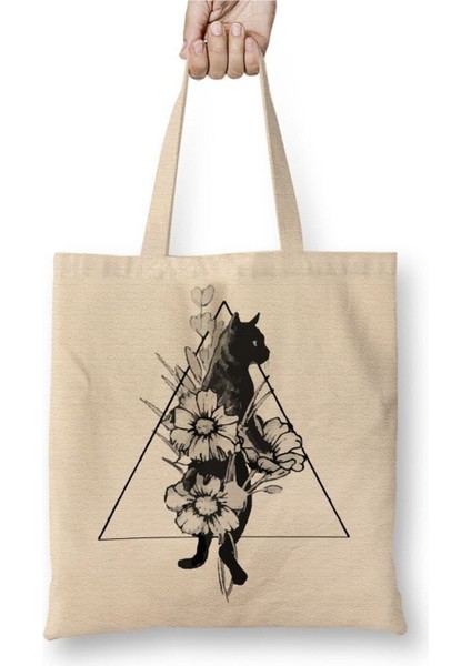 Yaramaz Kedi Flowers Cat Çiçekli Beyaz Bez Çanta Uzun Saplı Alışveriş Çantası Plaj Çantası