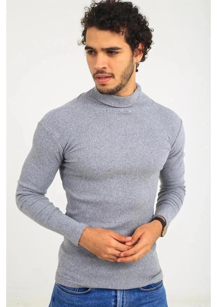 Erkek Kaşkorse Boğazlı Full Likralı Fitilli Body Kazak - Gri modelleri