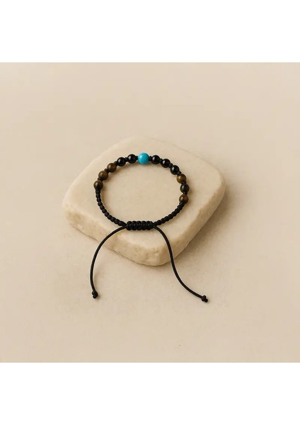 Onyx Kaplan Gözü Turkuaz Doğal Taş Makrome Örgülü Bileklik