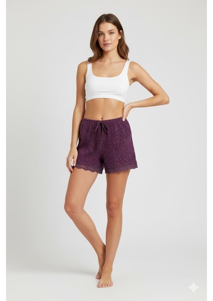 Düz Renk Mini Çiçek Desenli Penye Kadın Ev Şortu Bacak Dantel Detaylı Ev Giyim Gül Kurusu