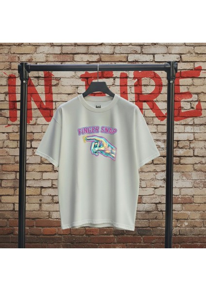 Finger Snap Beyaz Baskılı Unisex Bisiklet Yaka Pamuk Oversize T-Shirt