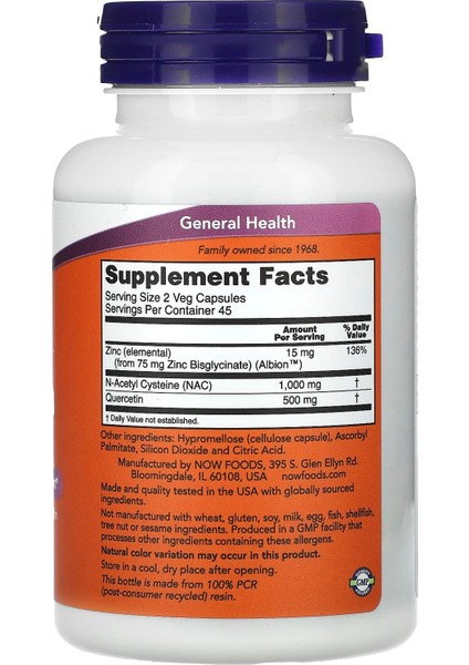 Nac Quercetin & Zinc 90 Vejetaryen Kapsül | 1000 Mg Nac + 500 Mg Kuersetin + 15 Mg Çinko fiyatları
