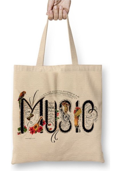 Müzik Nota Beyaz Bez Çanta Uzun Saplı Alışveriş Çantası