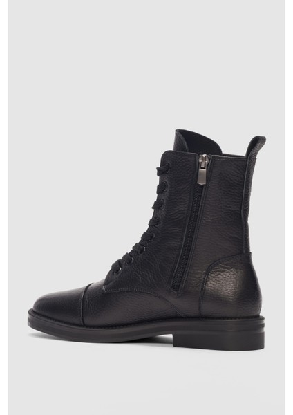 Navira Hakiki Deri Bağcıklı ve Yandan Fermuarlı Kadın Bot- Siyah modelleri