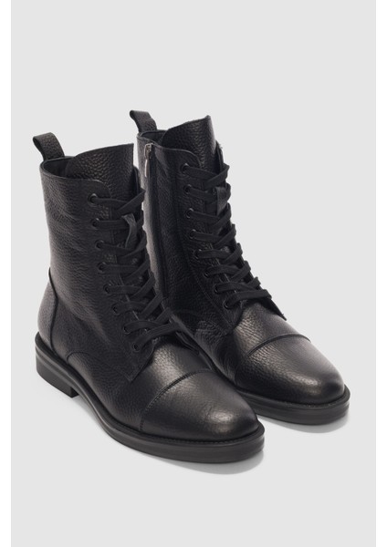 Navira Hakiki Deri Bağcıklı ve Yandan Fermuarlı Kadın Bot- Siyah fırsatları