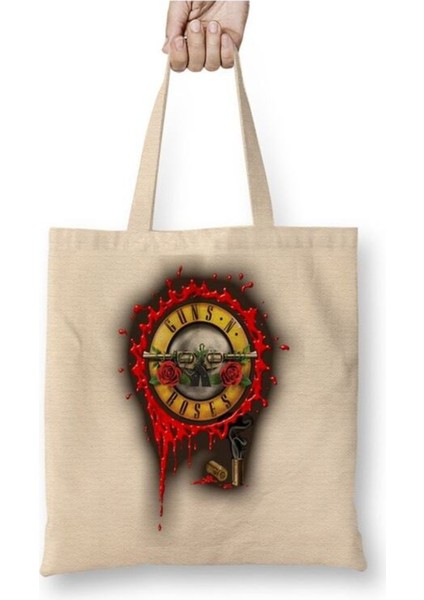 Guns N Roses Bez Çanta Uzun Saplı Alışveriş Çantası Plaj Çantası