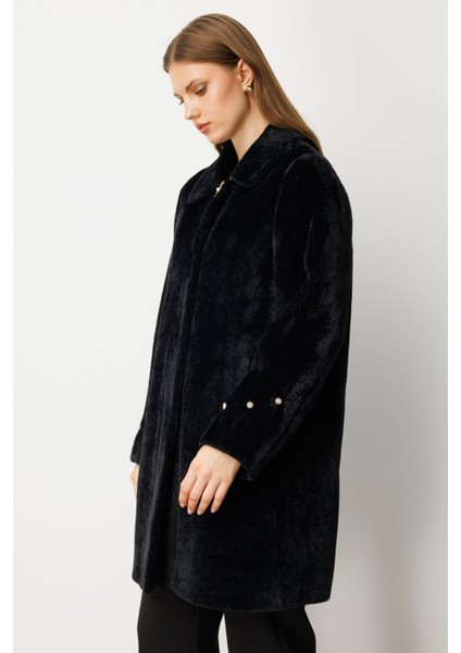 Kadın Büyük Beden Metal Broşlu Peluş Kaban 6331 Siyah modelleri