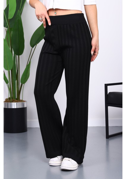 Siyah Yüksek Bel Fitilli Bol Paça Triko Pantolon